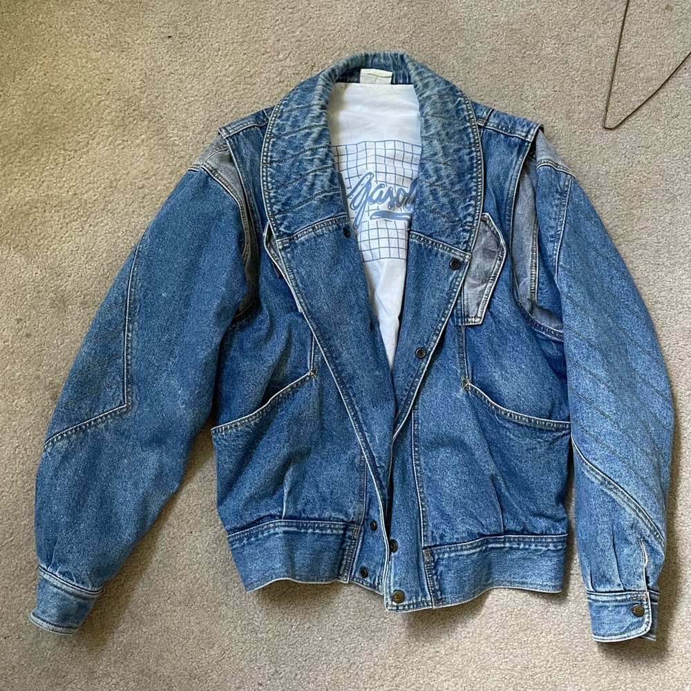 VINTAGE DENIM GASOLINE JACKET, WITH ZIPPER SLEEVES (turns into denim vest)